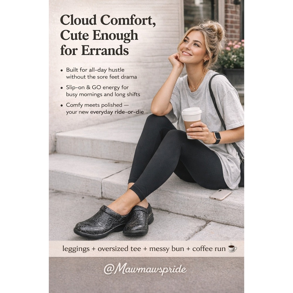 b.o.c.‎ Born Concept Womens Black Embossed Floral Leather Clogs Comfort Shoes 9